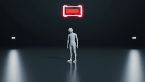 human figure is standing still in a dark room with a low battery indicator floating above its head, symbolizing exhaustion and lack of motivation