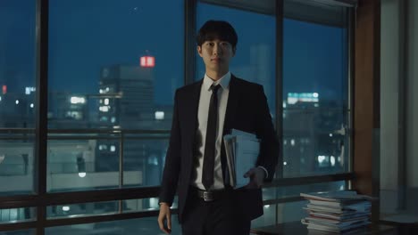 밤에 사무실에 있는 사업가