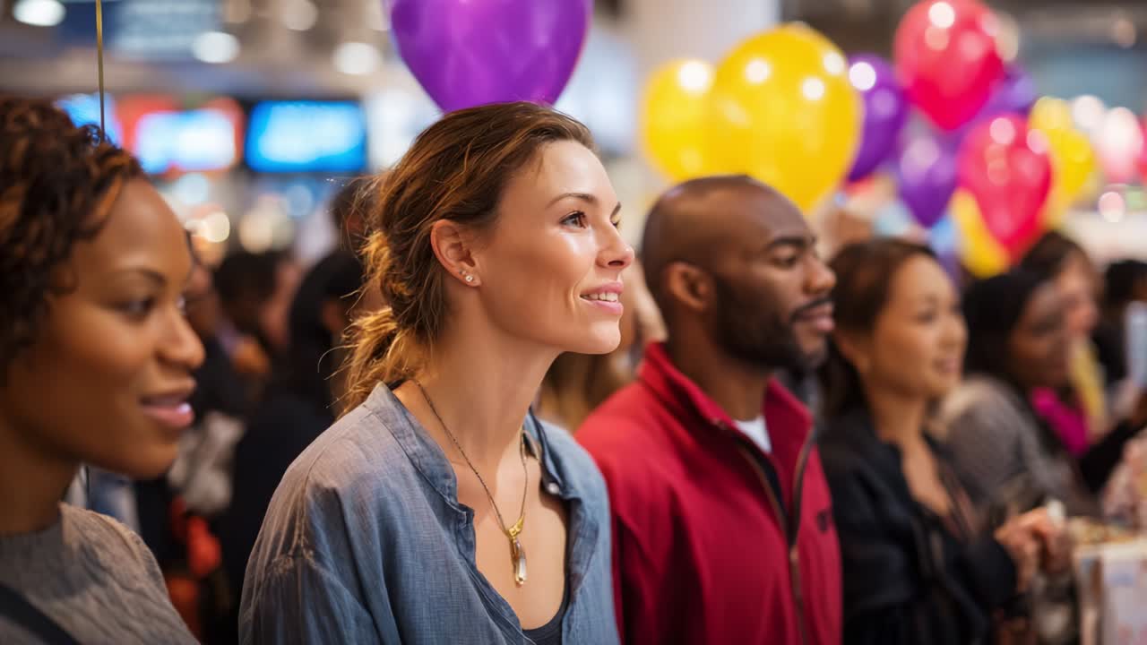 Un rassemblement dynamique : des visages engagés au milieu de ballons colorés et d’enthousiasme, reflétant la joie et l’attente d’une expérience unique dans une atmosphère sociale animée
