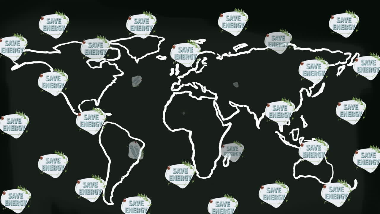 검은색 배경의 세계 지도 위에 save planet 글과 나무의 애니메이션