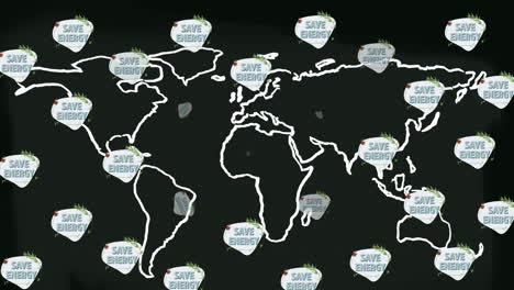 animación de los escritos de salvar el planeta y los árboles sobre el mapa del mundo sobre fondo negro