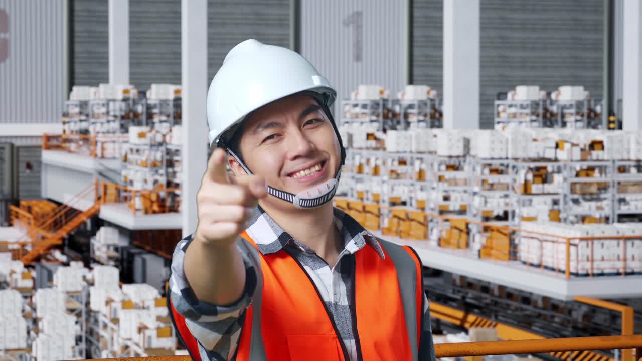 안전 헬을 입은 아시아 남성 엔지니어가 배달 물품으로 가득 찬 선반과 함께 창고에 서서 웃고 가을 만지며 창고에서 당신을 가리키고 있습니다.