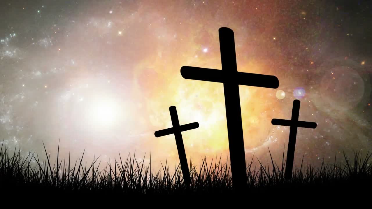 animación de la silueta de tres cruces cristianas sobre el universo