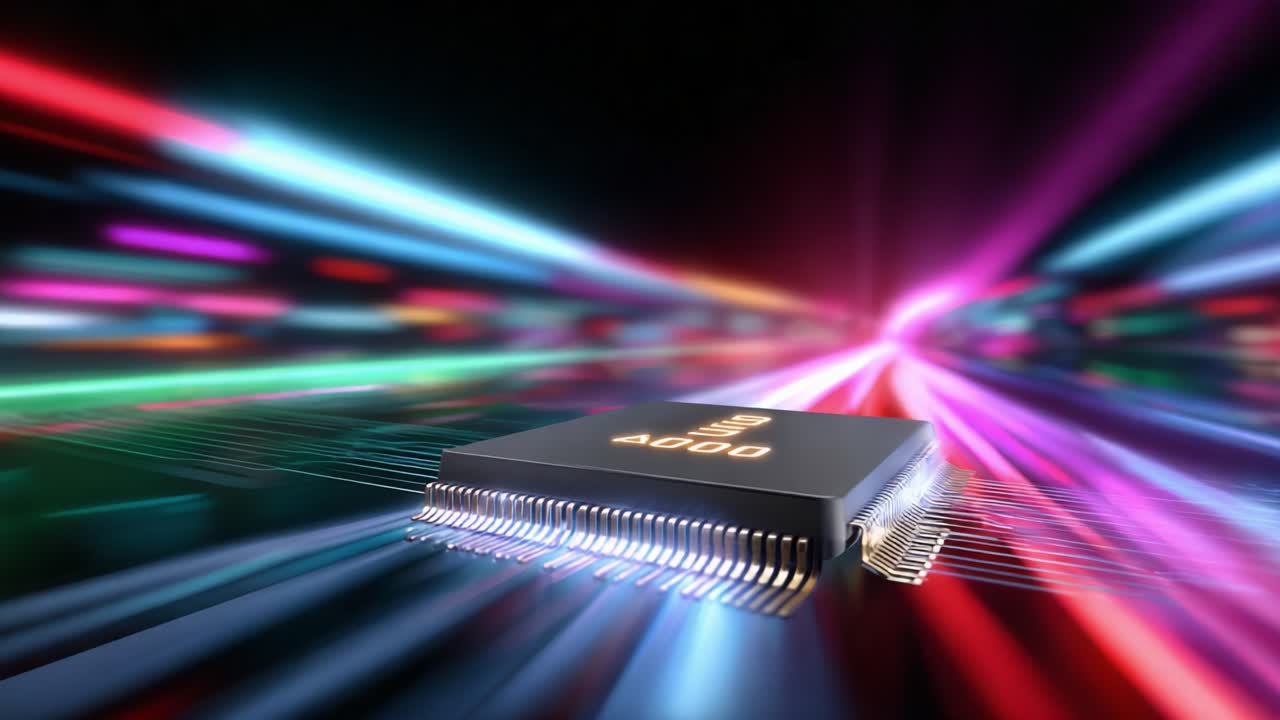 A High-Performance Microprocessor Surrounded by Vibrant Light Trails, Showcasing Technological Advancement and Innovation in Computing Through Dynamic Visuals and Energy