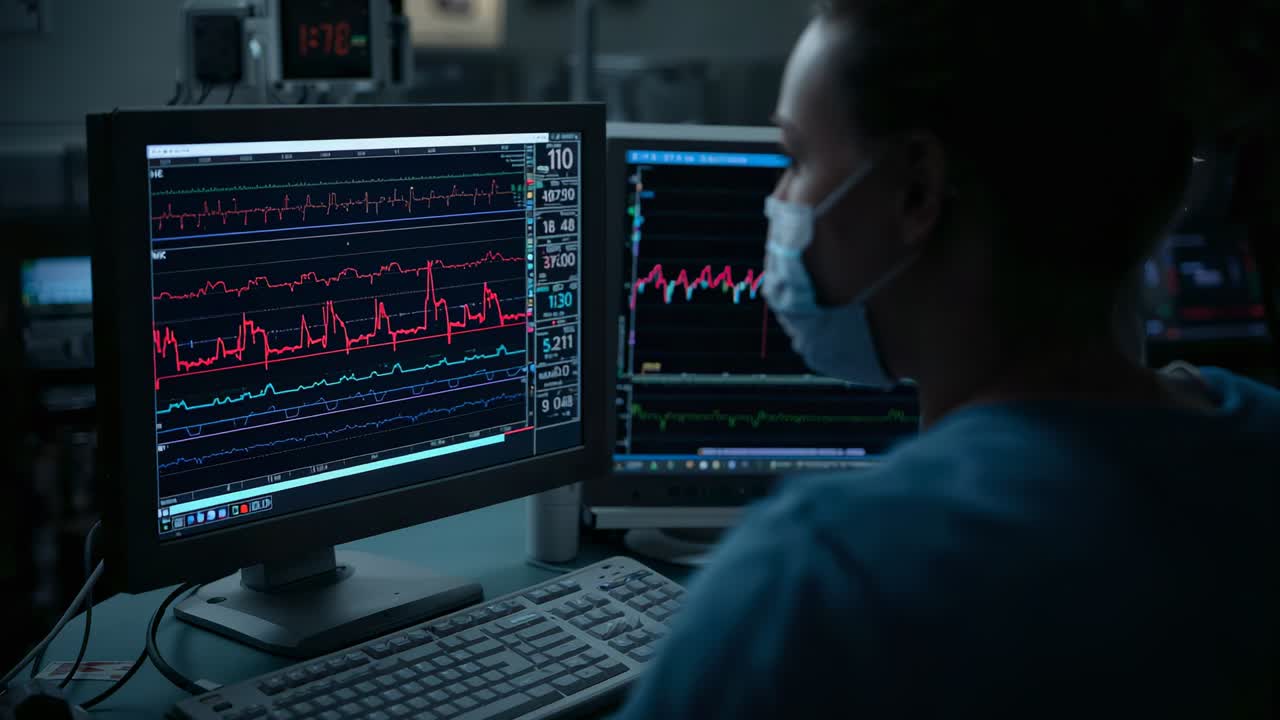 Watching nurse in scrubs and mask tracking fluctuating vitals on dual monitors at desk, copy space