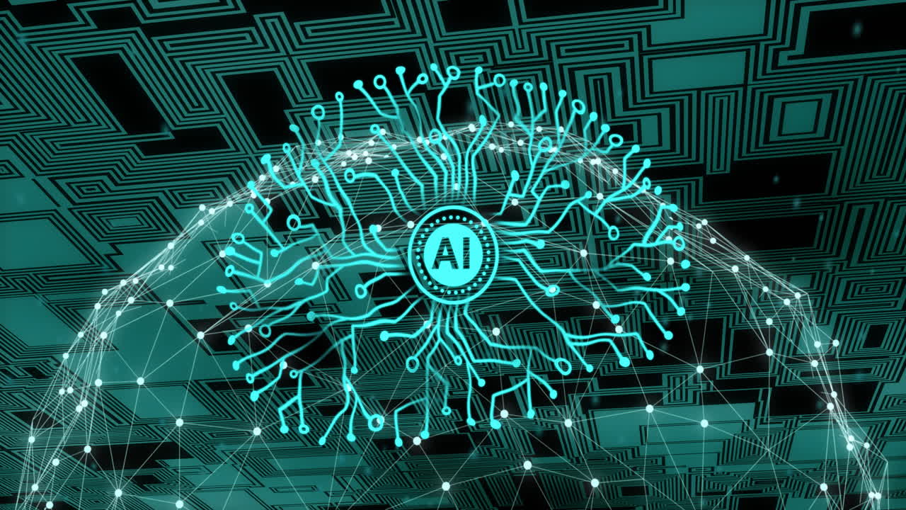 AI neural network animation over digital circuit board background