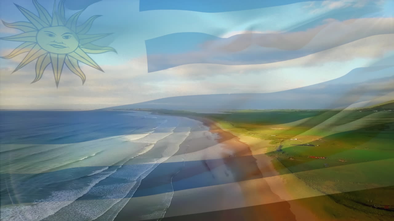 animación de la bandera de uruguay ondeando sobre el paisaje de la playa