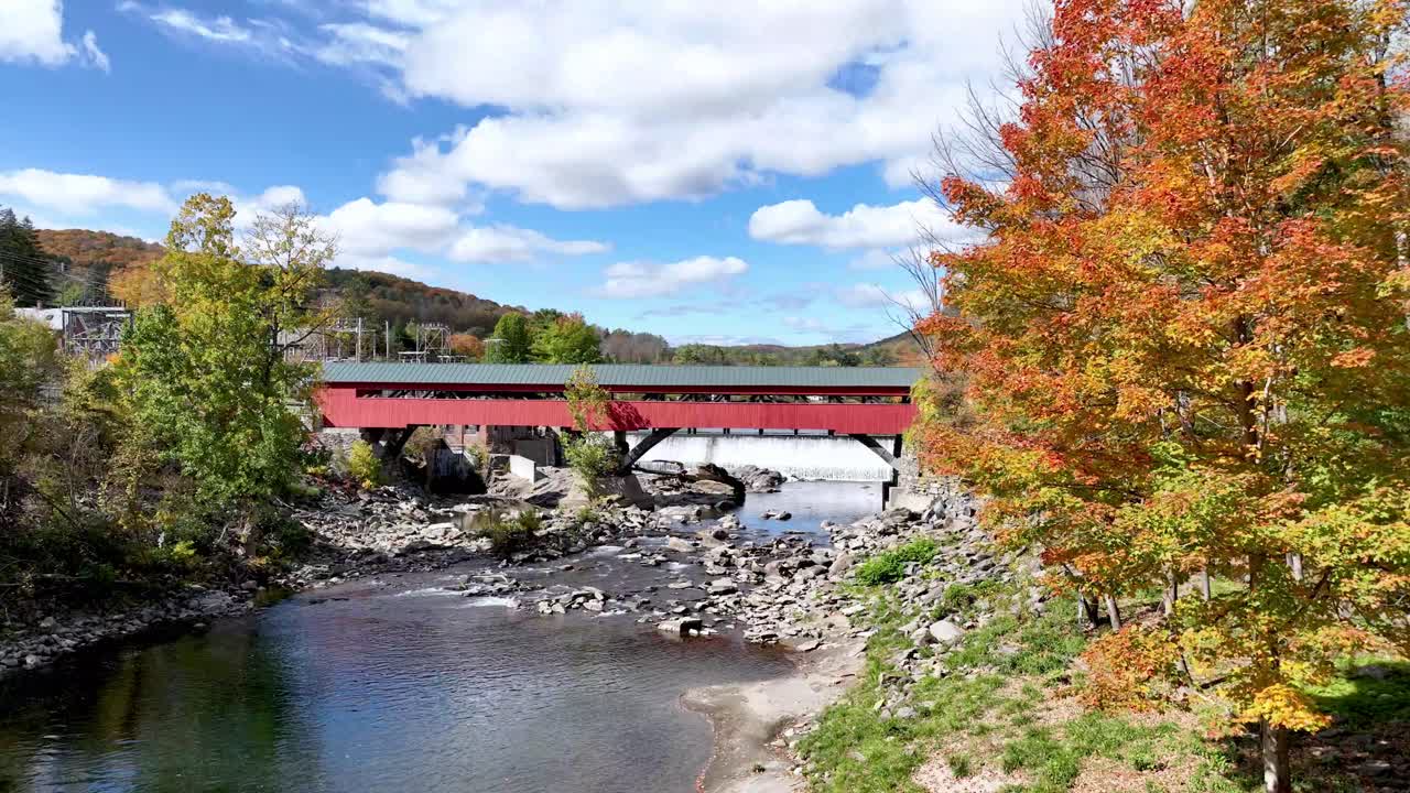 aerial of covered bridge near Woodstock Vermont