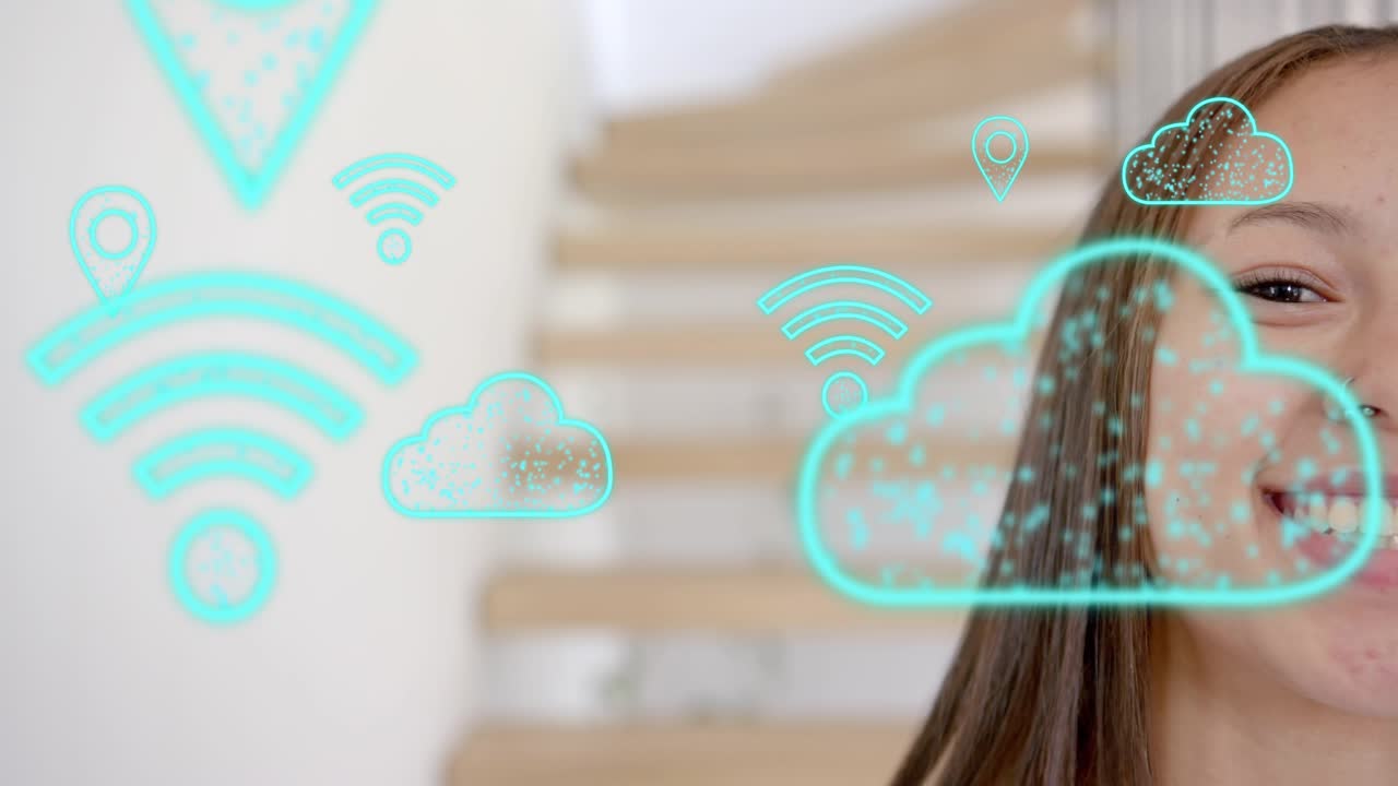 Teenage female turning, smiling at cyan AR clouds Wi?Fi location pins appearing, overlapping face