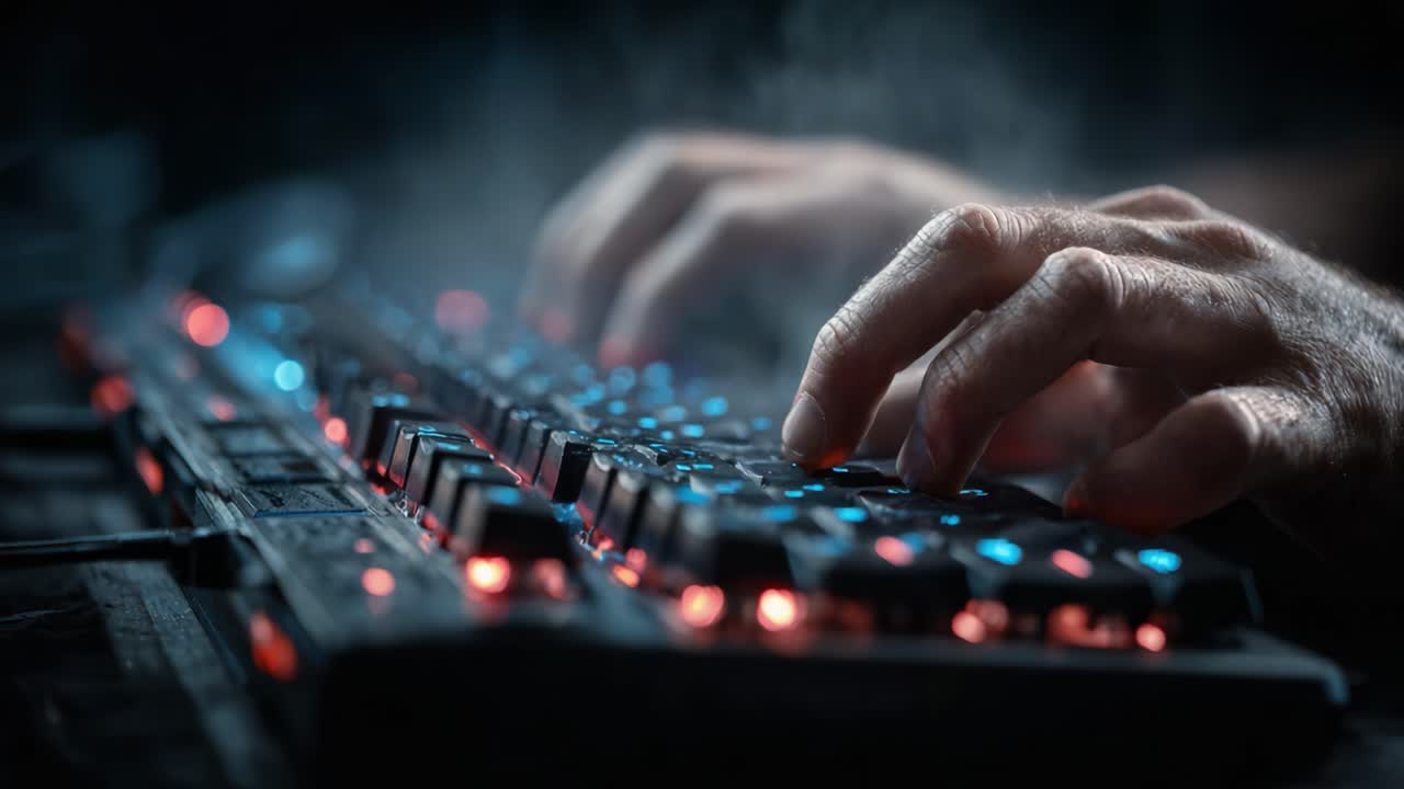 An Enigmatic Glimpse of a Gamer's Enthralled Hands Dancing Over a Mechanical Keyboard, Illuminated by Glowing RGB Lights in a Darkened Room