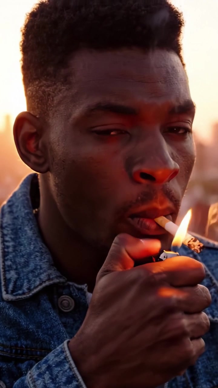 Um jovem contemplativo usando uma jaqueta jeans e um cigarro, olhando para a distância durante um pôr do sol, capturando a essência da introspecção e da vida urbana