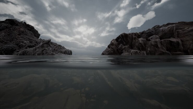 Half underwater in northern sea with rocks