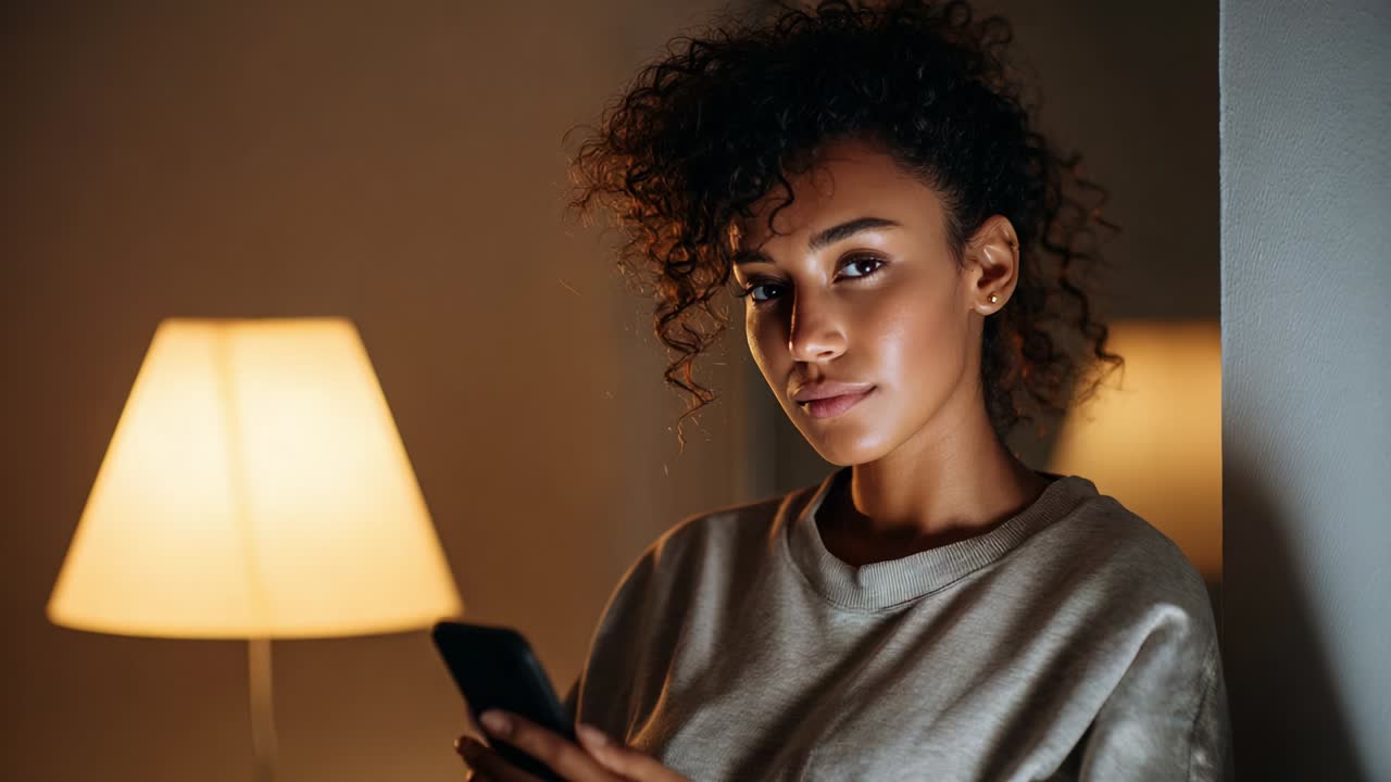 Uma jovem contemplativa, entretida com seu smartphone em um cômodo aconchegante, suavemente iluminado por uma luminária que emana calor, personificando a mistura de tecnologia moderna e reflexão pessoal em uma atmosfera serena.