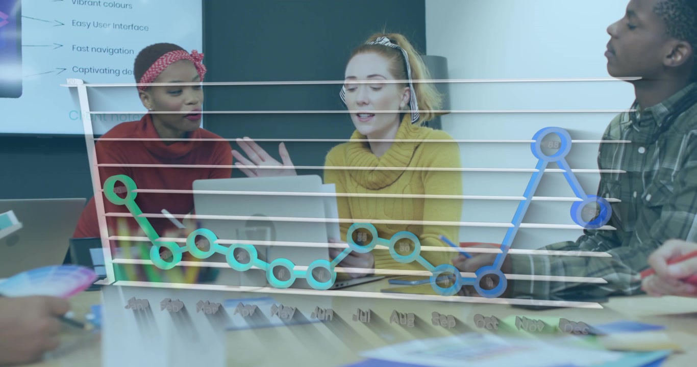 Animation of statistical data processing over diverse colleagues discussing over a laptop at office