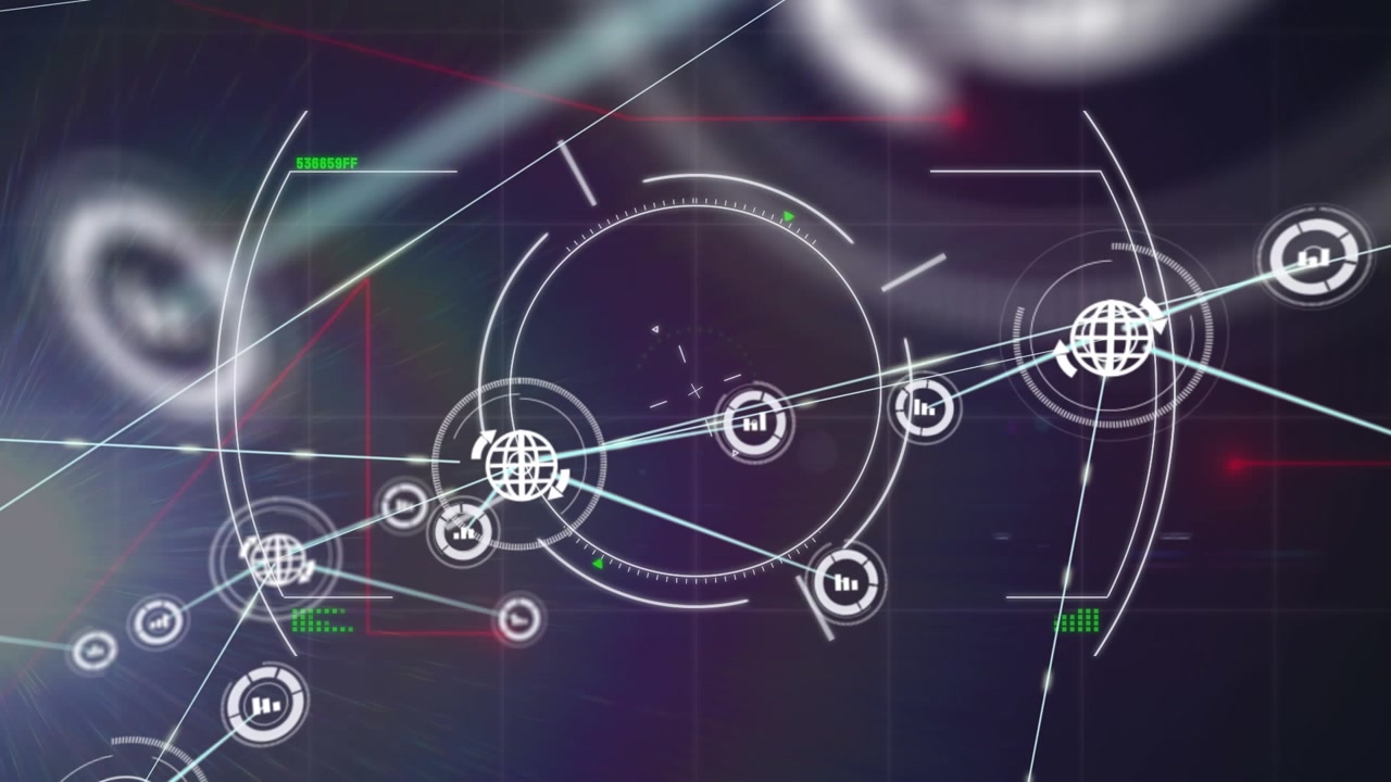 Animation of glitch effect and scope scanning over network of digital icons and rainbow light spots