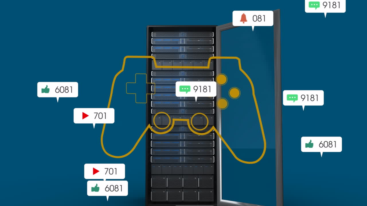 소셜 미디어 아이콘과 비디오 게임 콘솔을 서버에서 애니메이션화
