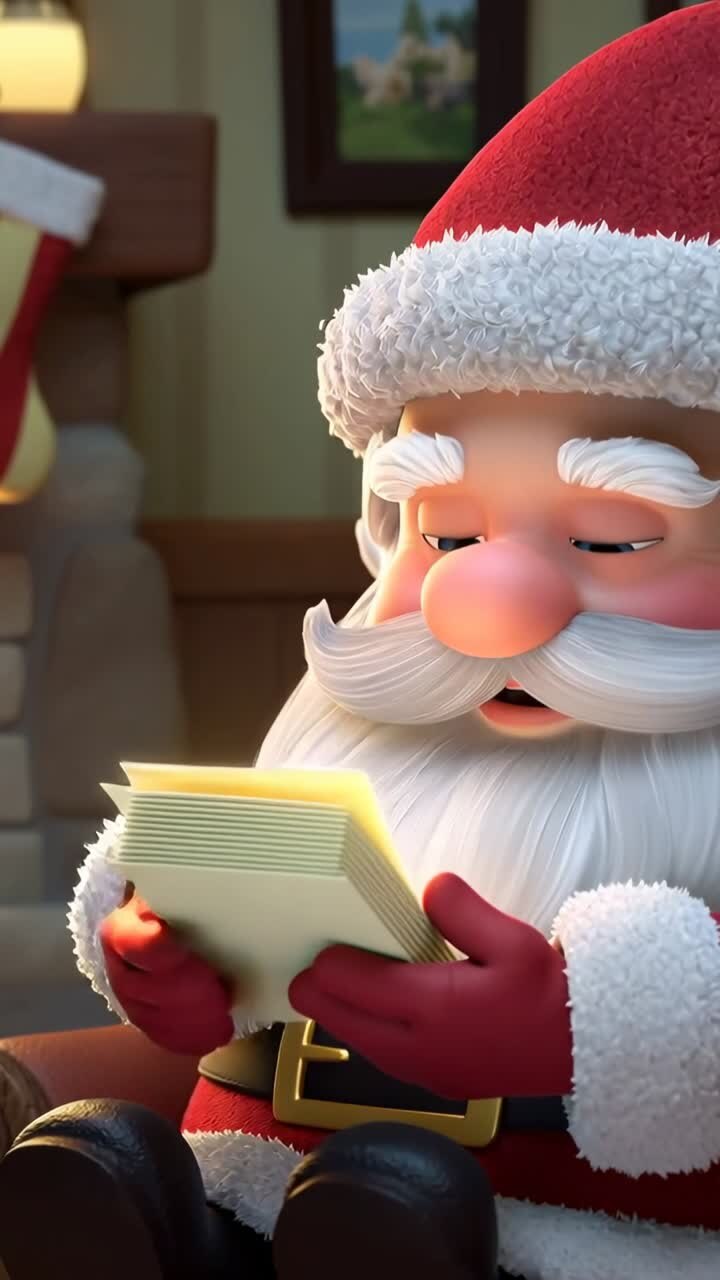 Vertical video: Hearing fire, Santa in red suit reading letters by fireplace, stocking glowing