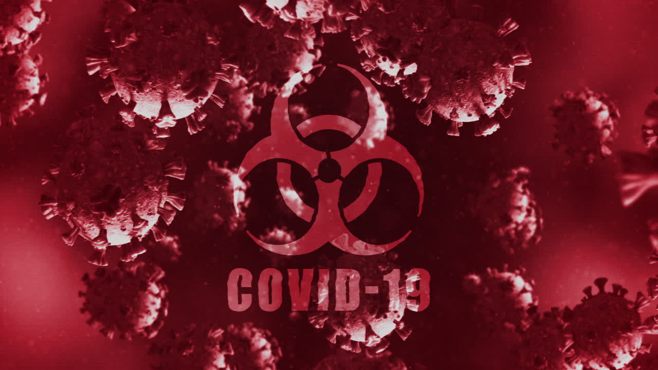 Animated Covid-19 cells with hazard sign on purple background, depicting pandemic.
