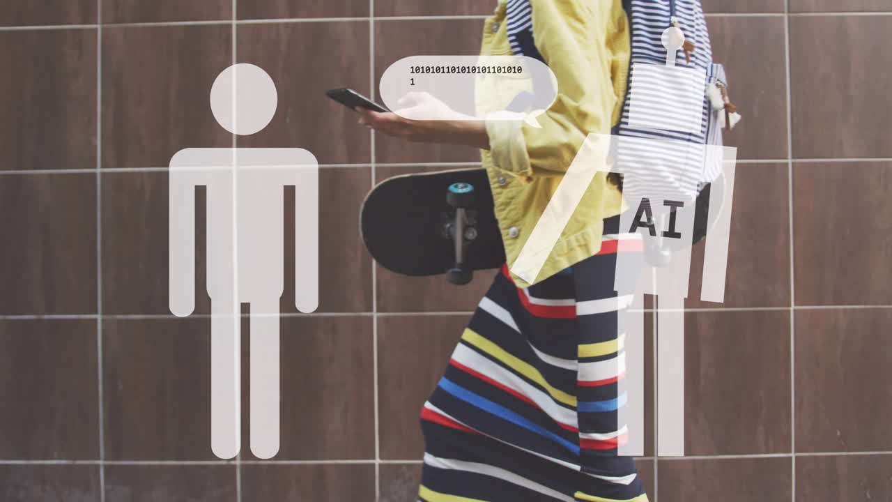 스마트폰을 사용하는 백인 여성에 대한 ai 데이터 처리의 애니메이션