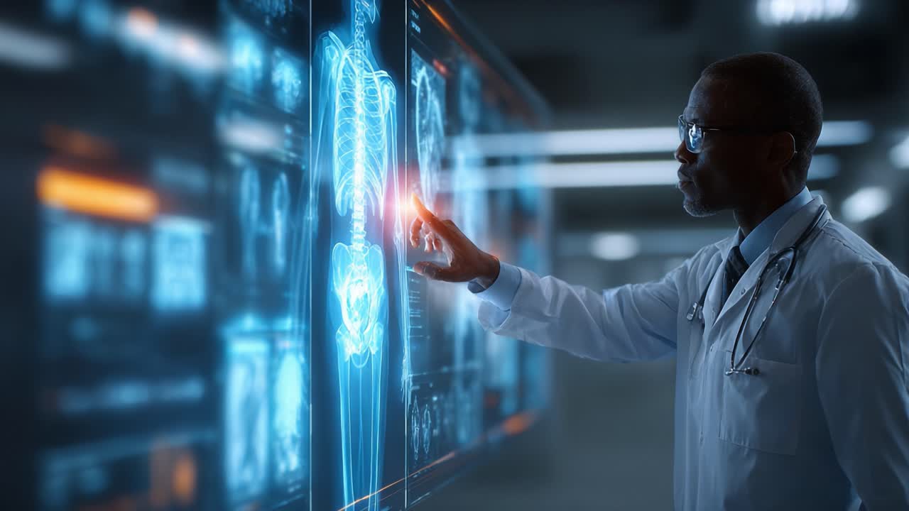 A medical professional engages with advanced holographic technology to analyze human anatomy and health data, demonstrating the intersection of medicine and innovation