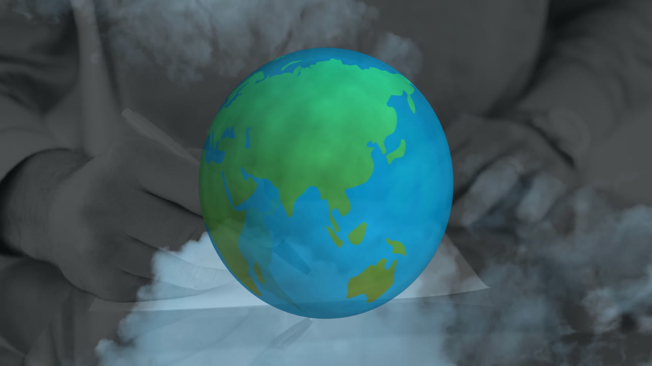 Globe animation over person writing on paper surrounded by clouds