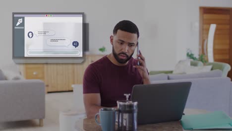 animación de un texto, procesamiento de datos sobre un hombre biracial usando una computadora portátil.