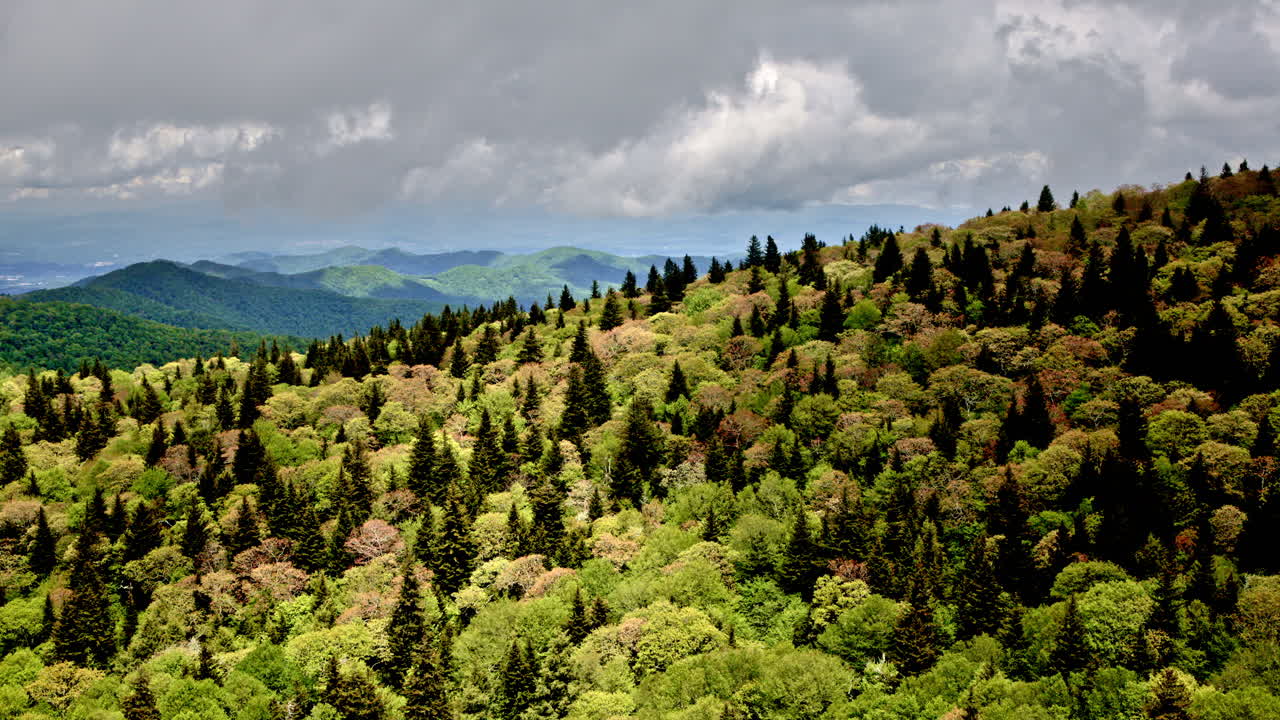 Atmospheric flyover of Smoky Mountains with heavy mist and gentle rainfall