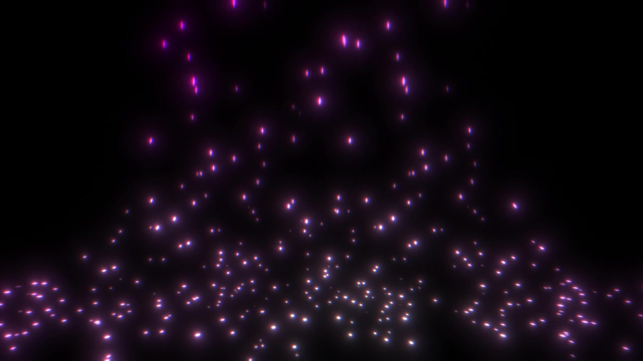 Particelle viola luminose che scorrono verso il basso lungo un percorso distorto. Energia astratta luminosa su sfondo nero