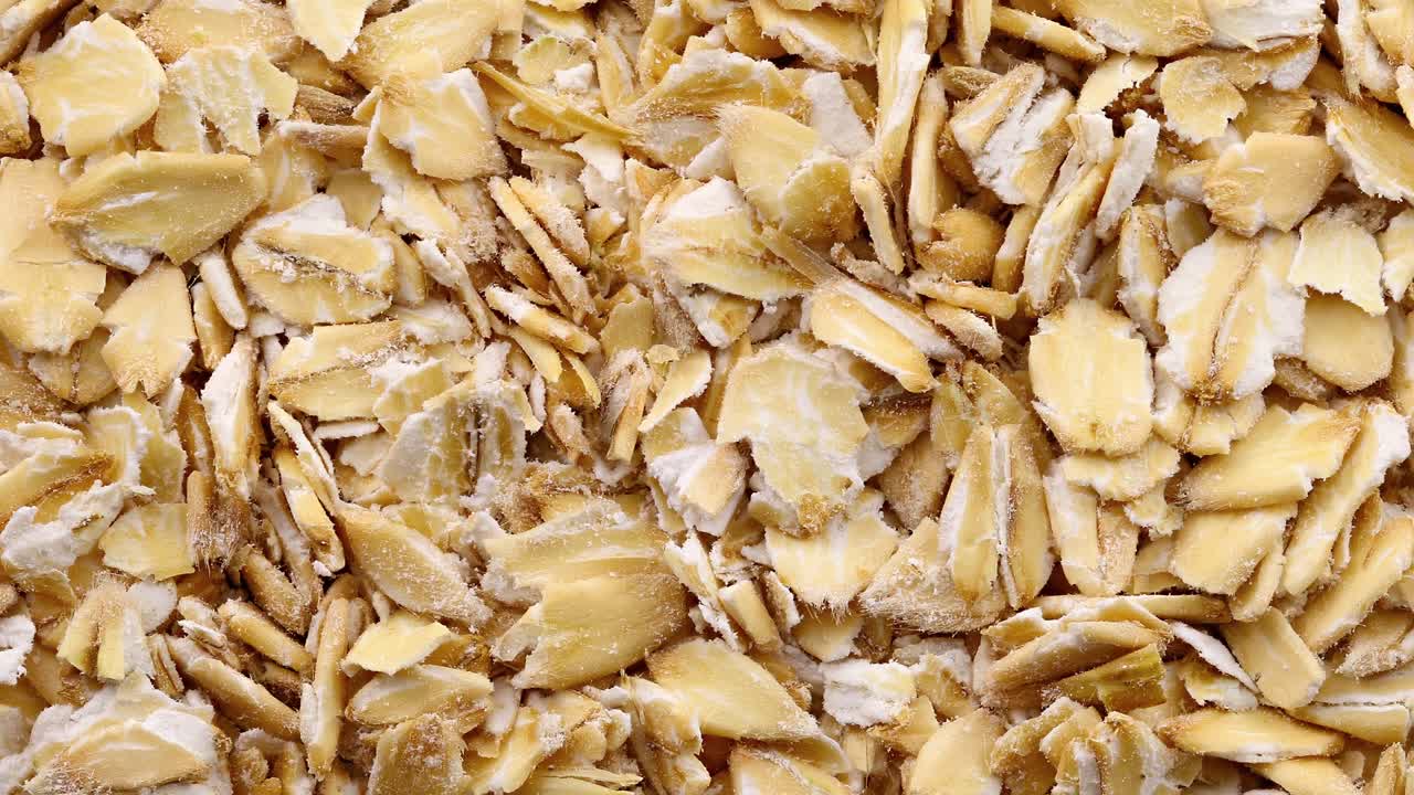 오트플레이크 원시 클로즈업, 대량 어리 회전, 매크로, 상단 뷰