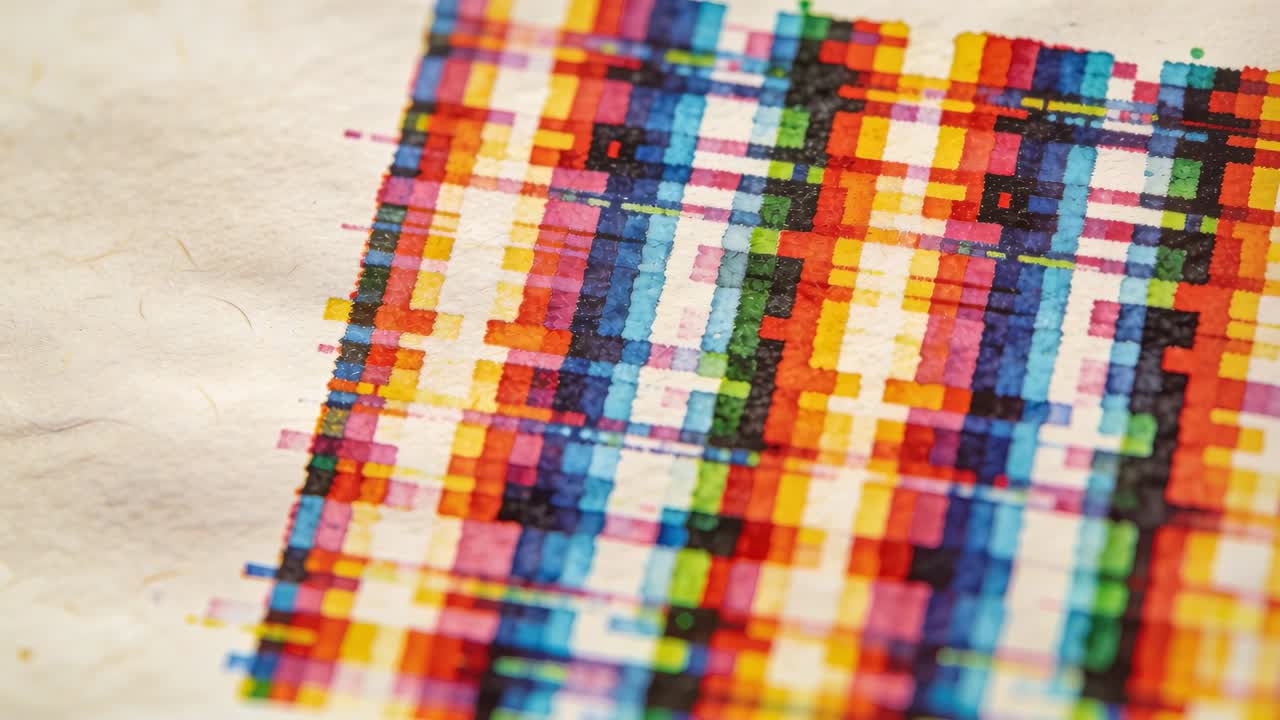 Moving camera closing on multicolor printed grid on studio table, revealing ink droplets and fibers