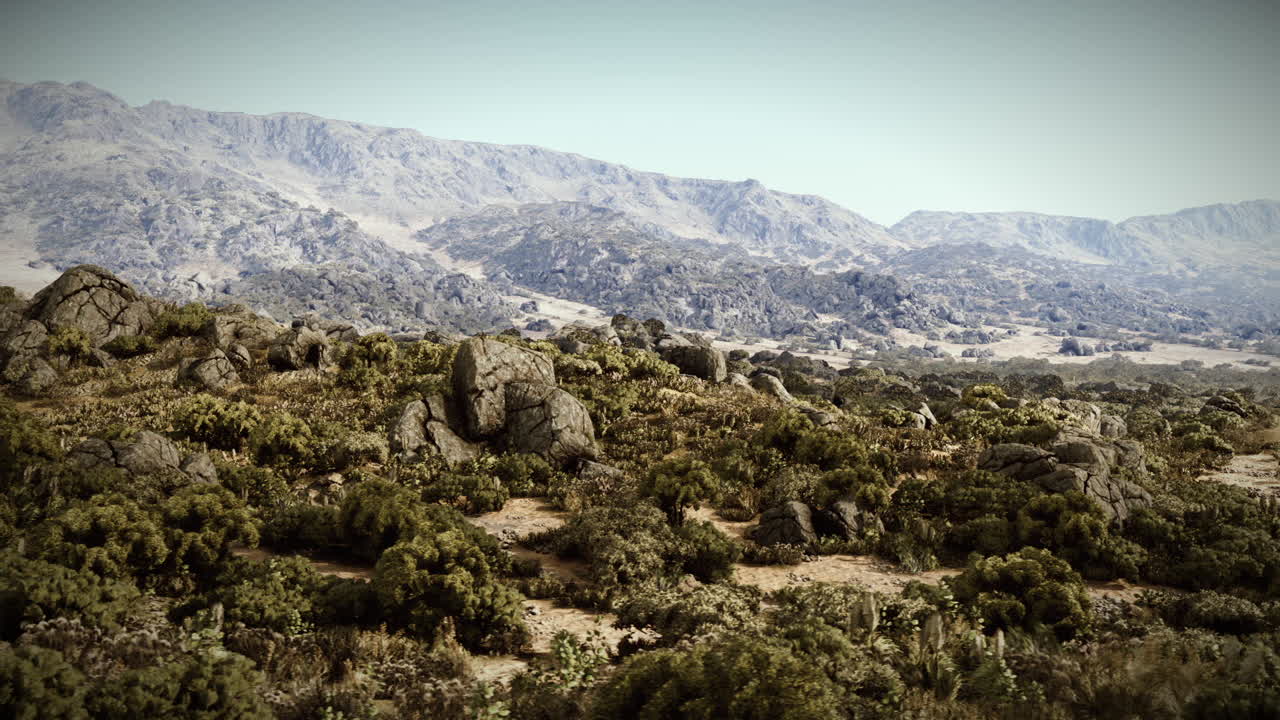 Vista panoramica di un aspro paesaggio montano desertico.