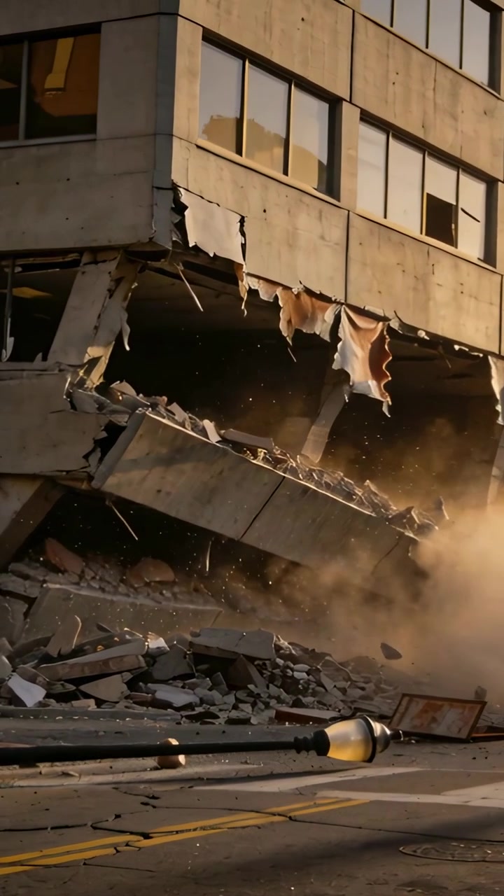 Vertical video: Collapsing concrete facade at street level after lower-floor failure, toppling lamp