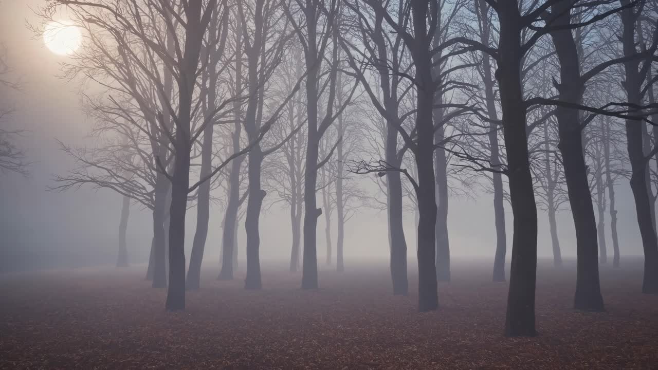 Scena inquietante di una foresta con alberi spogli in una fitta nebbia, catturata all'altezza degli occhi