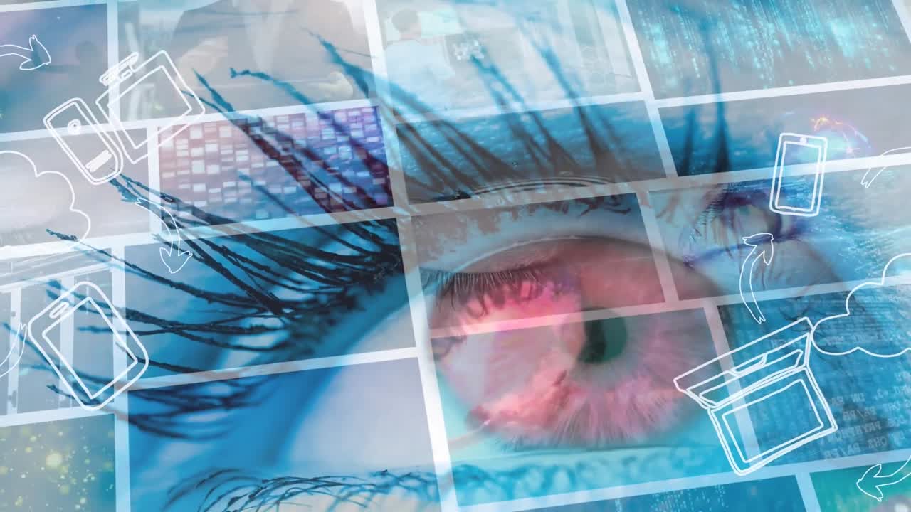 Animation of collages of digitally generated images with illustration against woman's blinking eye