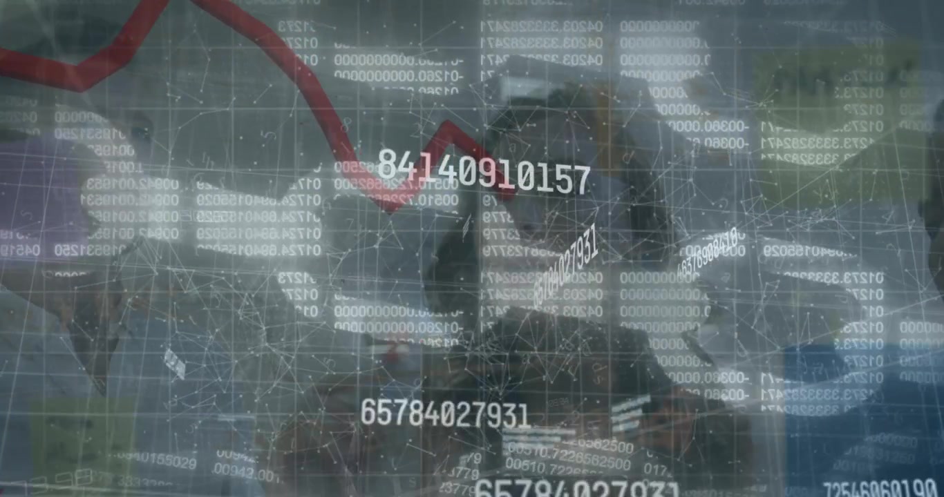 Animation of data processing over diverse business people taking notes