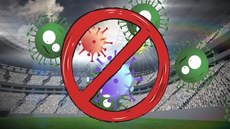 animation of no entry sign over covid 19 cells and sports stadium