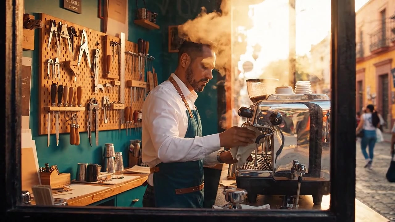 Un abile barista prepara il caffè in un accogliente caffè con una splendida luce che filtra dalla finestra, mostrando un'atmosfera accogliente e forniture artigianali.