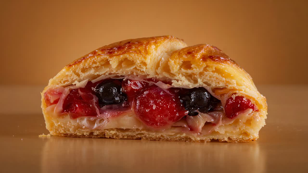 Recording camera revealing halved pastry on glossy tabletop, showing berries, cream layer, crumbs