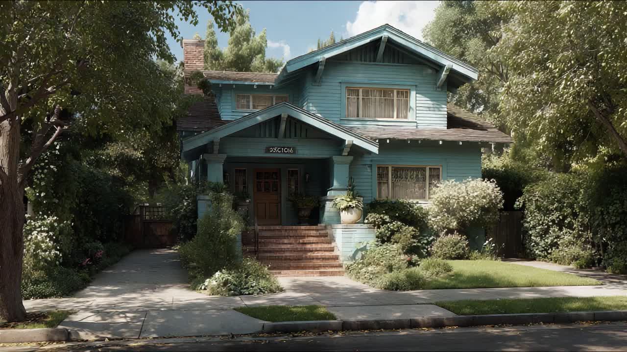 Encantadora Casa Vitoriana Azul Cercada por Vegetação Exuberante e Flores Vibrantes em um Bairro Pitoresco, Exibindo Detalhes Arquitetônicos e Luz Solar Filtrando Pelas Árvores