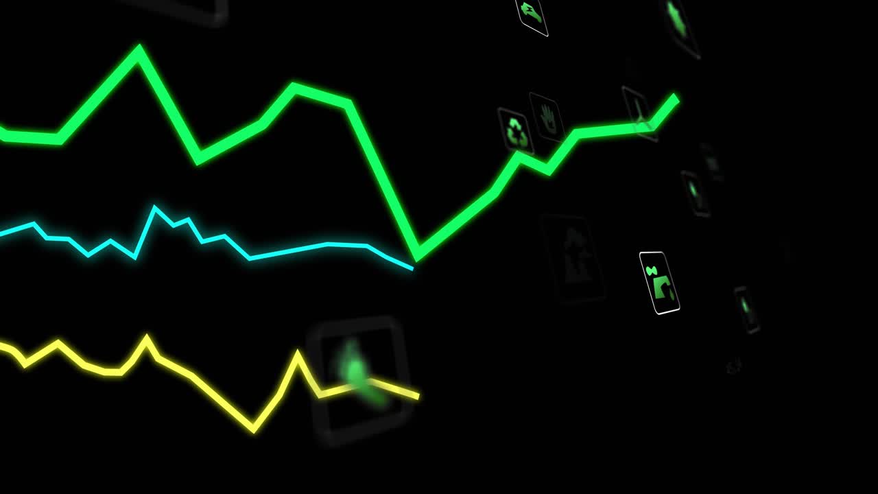 Op de camera kantelt de donkere 3D-UI, drie neon trendlijnen bewegen, iconen pulseren en geven energie weer
