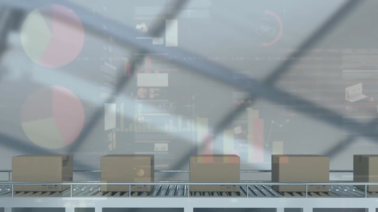 animación del procesamiento de estadísticas sobre cajas de cartón en cinta transportadora