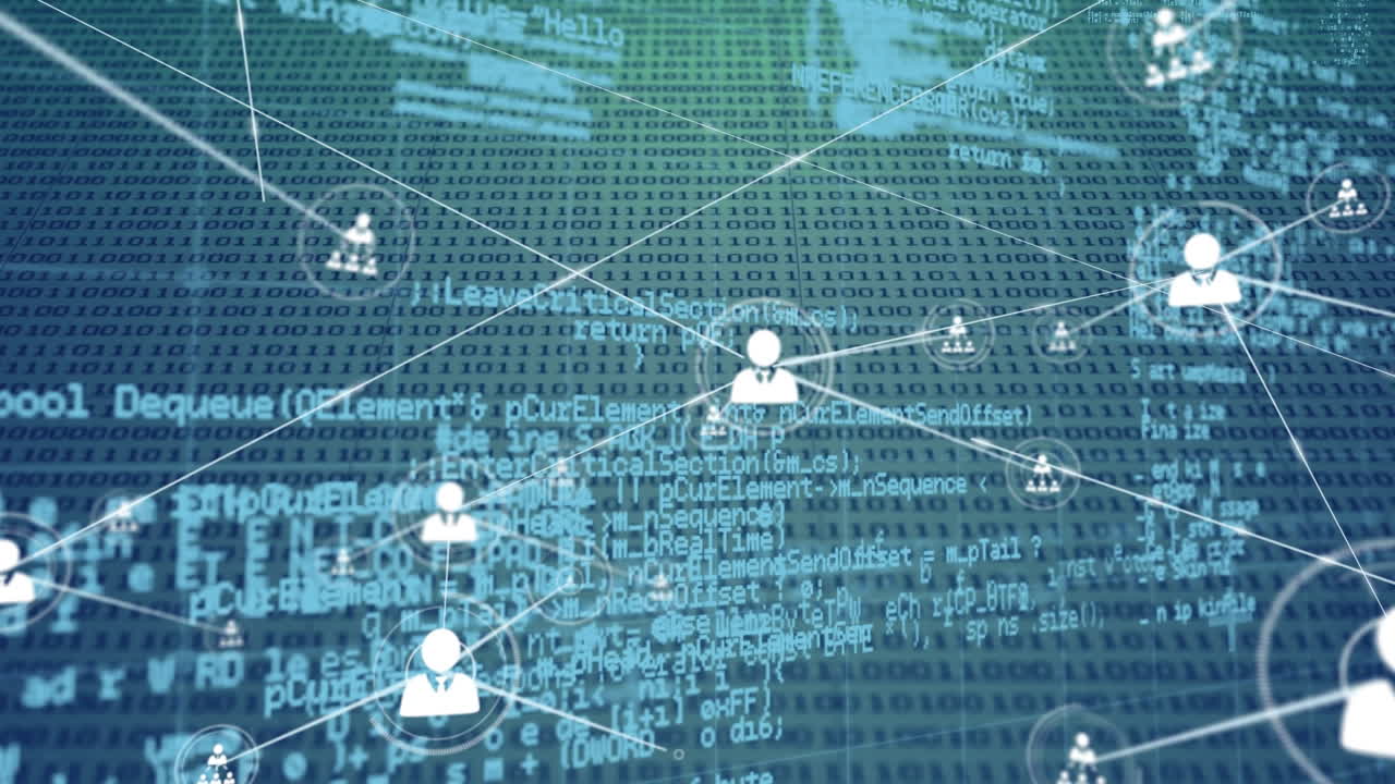 Animation of network of connections with icons over data processing on blue background