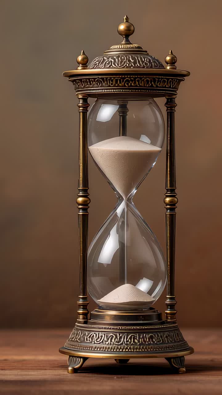 Vertical video: Pouring brass hourglass spilling beige sand after flip on wood table, marking time