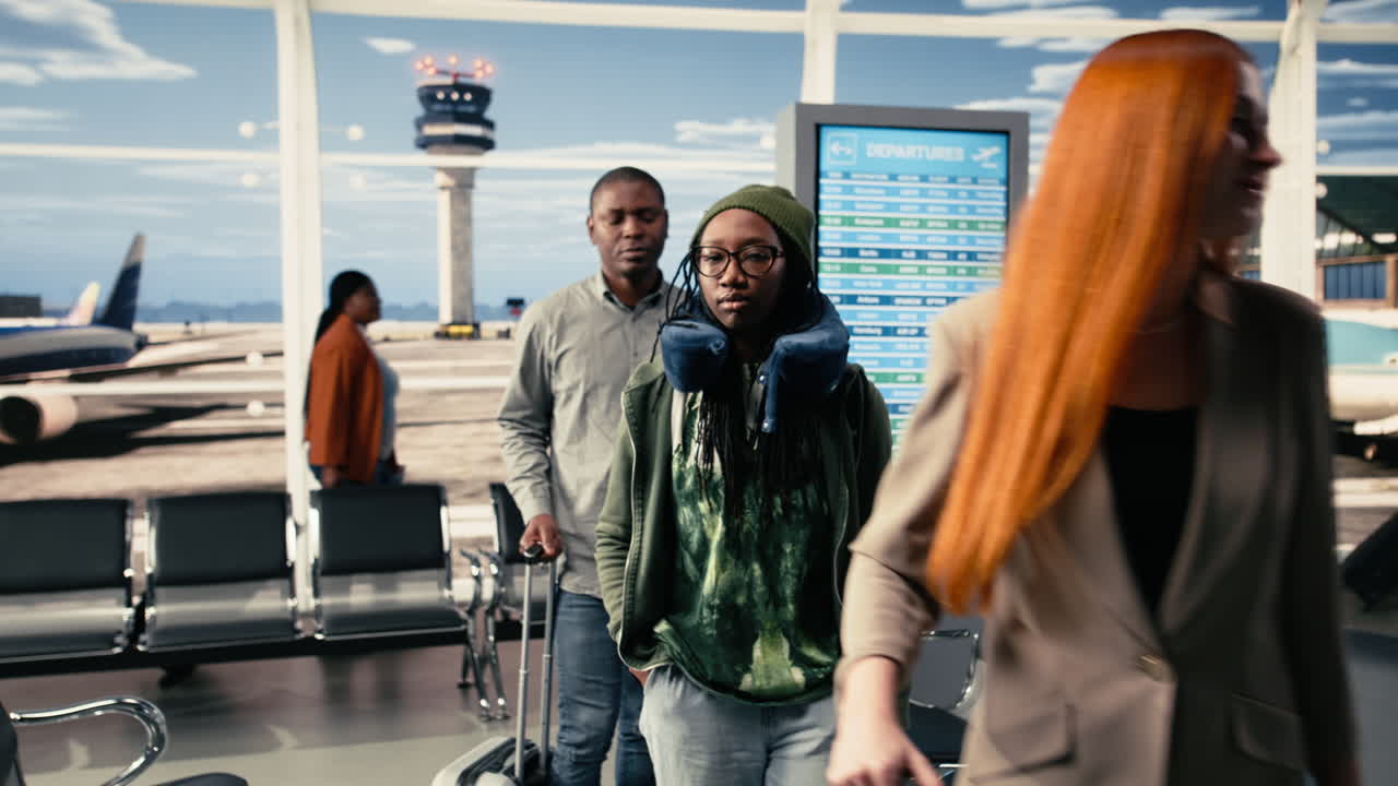 Group of tourists, business travelers, walking around, in airport terminal