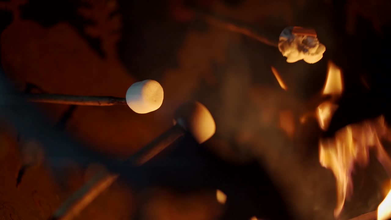 느린 동작으로 캠프불 주위에 마쉬멜로를 구워