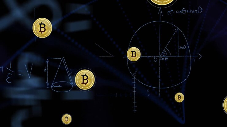 Animazione di icone Bitcoin ed elaborazione di dati matematici su sfondo scuro.