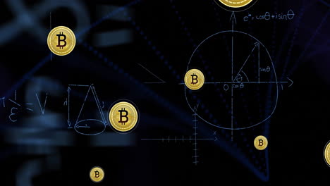 animación de iconos de bitcoin y procesamiento de datos matemáticos sobre un fondo oscuro