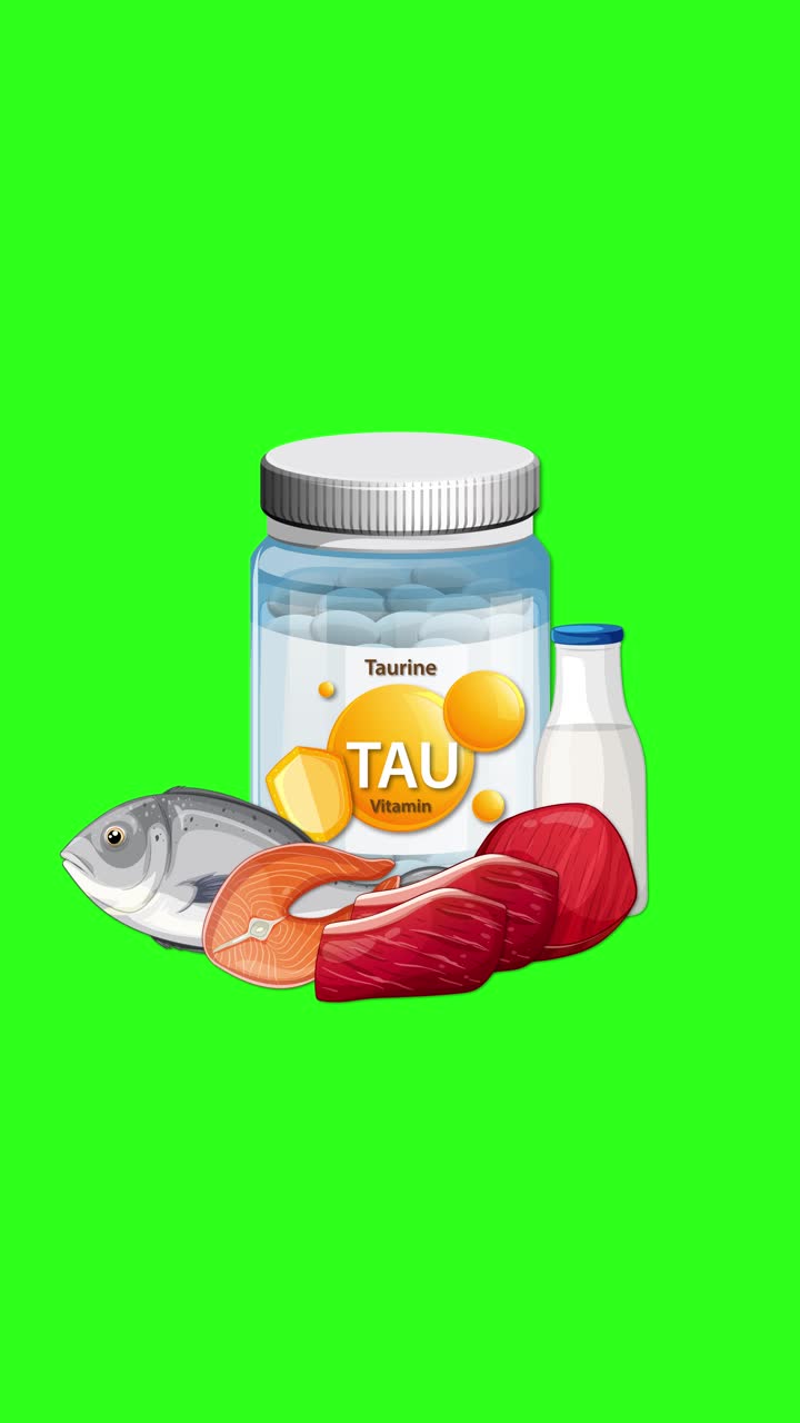 Botol suplemen Taurin dengan ikan, daging, susu muncul di layar hijau, gaya animasi aditif yang halus
