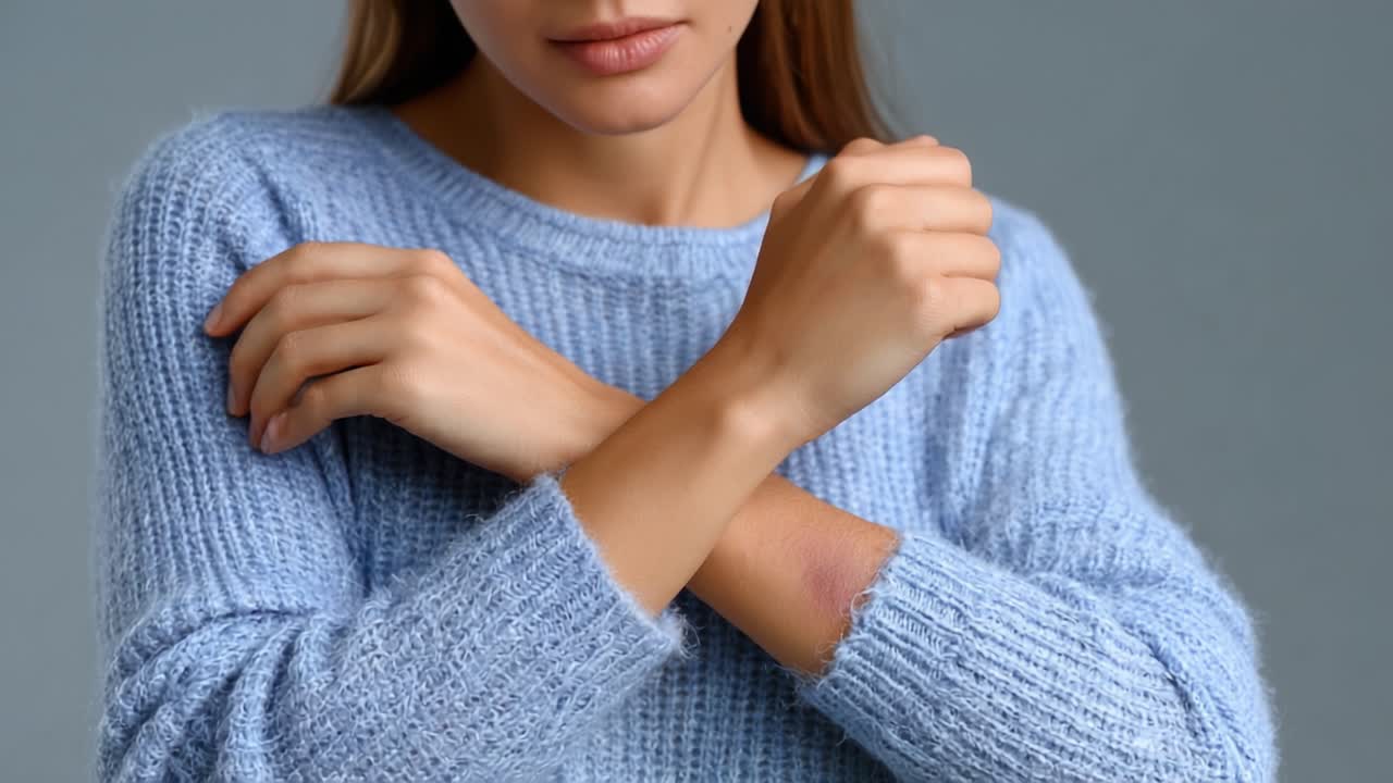 Un momento pensativo: una mujer joven con un suéter acogedor cruza los brazos reflexivamente contra un fondo gris suave, transmitiendo contemplación y emoción.