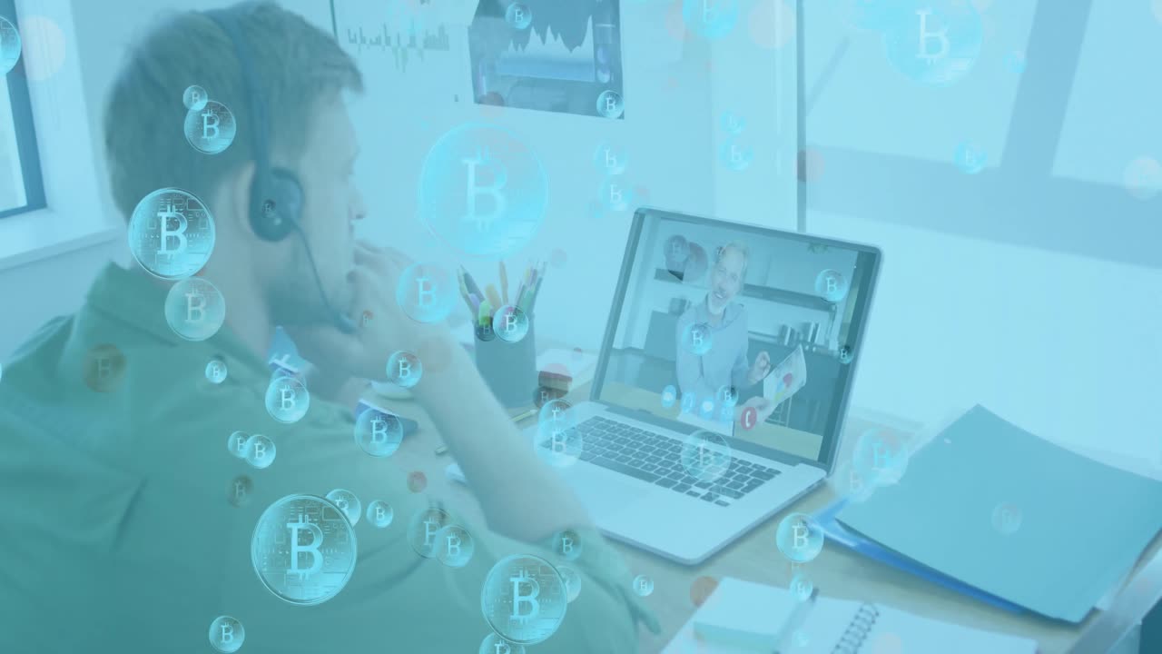 비디오 통화에서 백인 남성 위에 비트코인 기호의 애니메이션